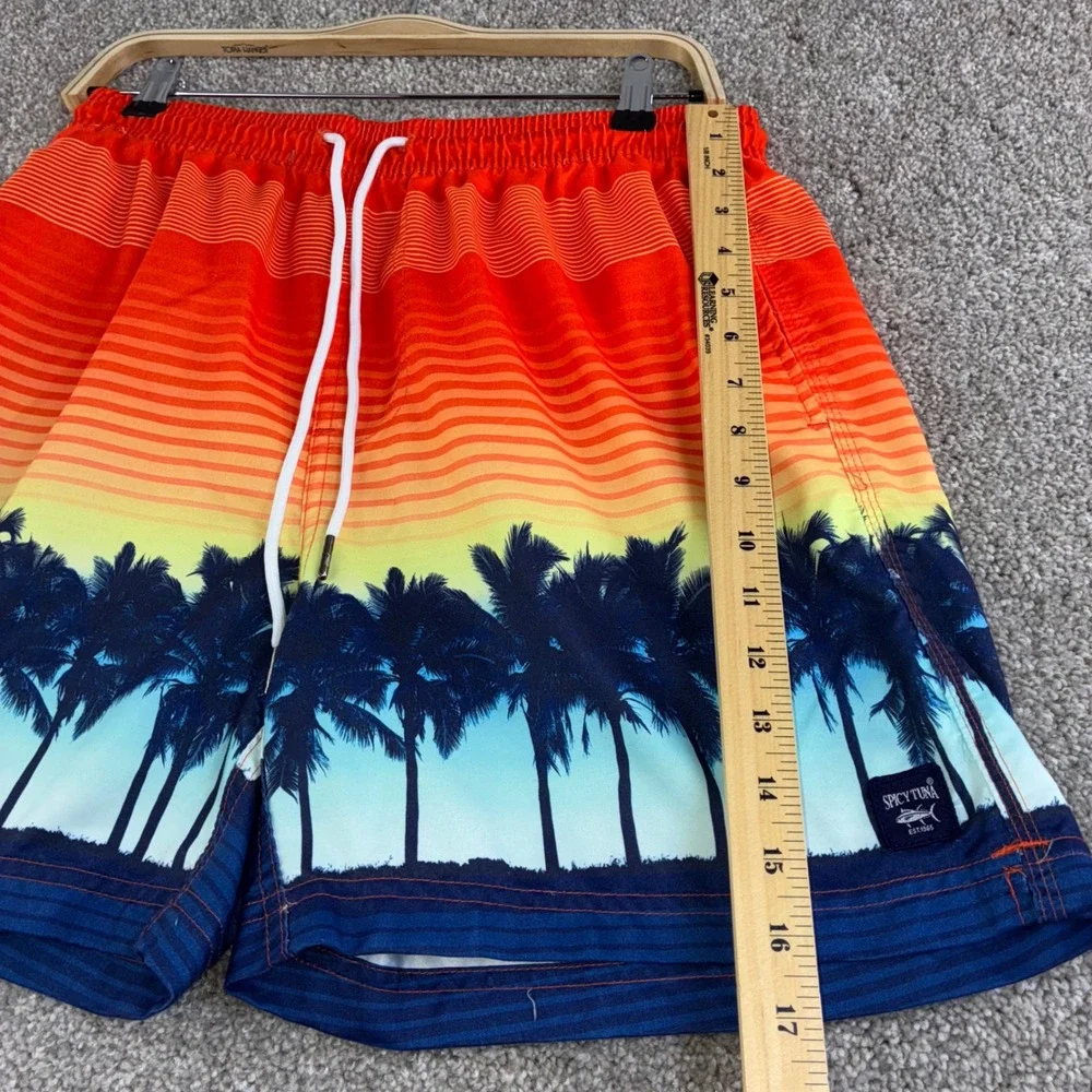 Spicy Tuna Mens L Swim Trunks‎ Orange Palm Tree Sunset Print Drawstring Shorts